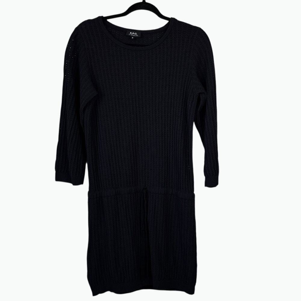 APC Long Sleeve Crochet Knit Dress Linen Blend Black Size Medium Sweater